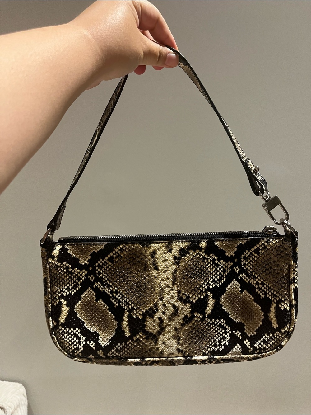 By Far Snake Print Shoulder Clutch in Metallic Gold and Black